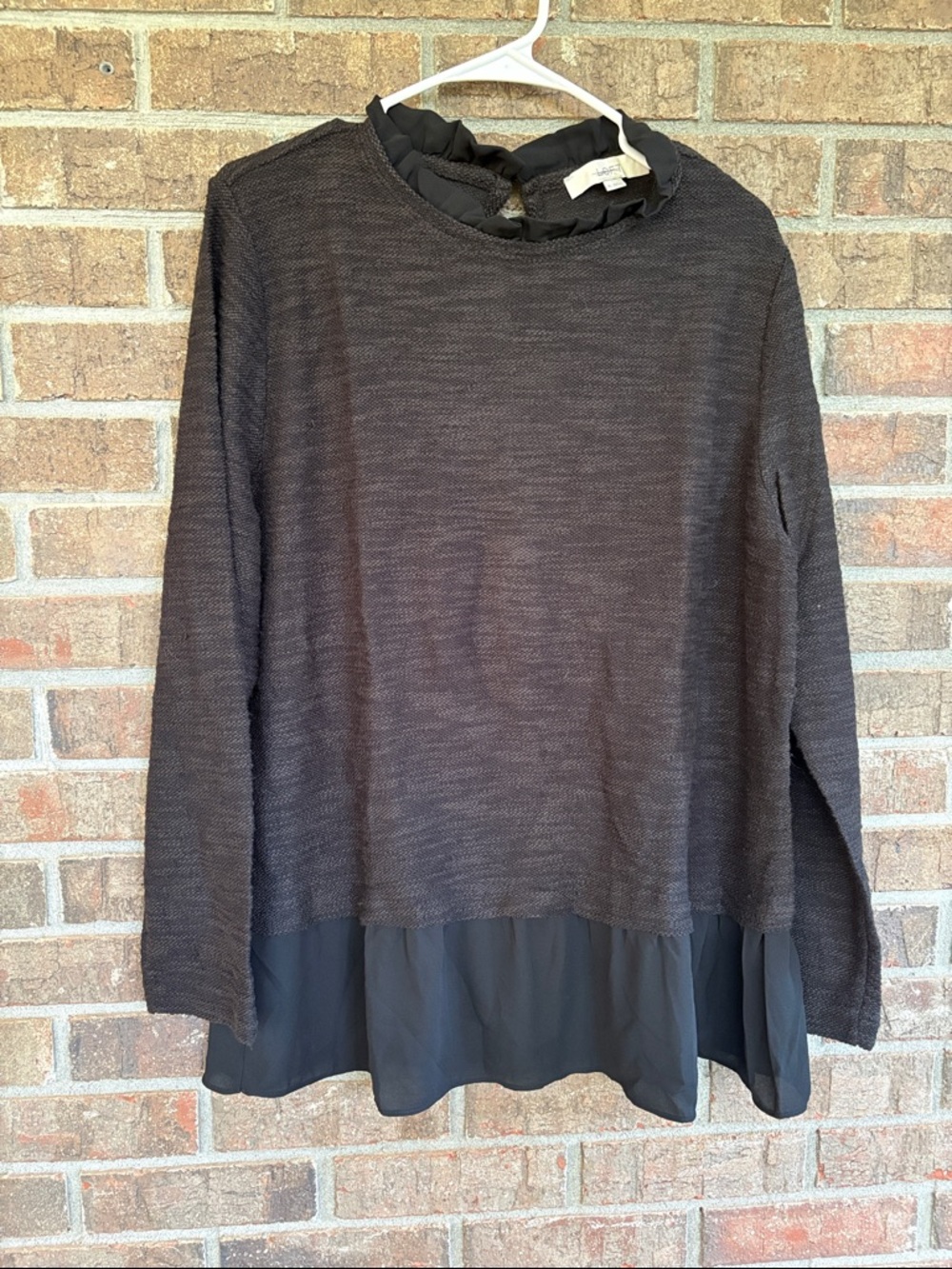 LOFT Black Layered Knit Top with Ruffle Collar and Hem